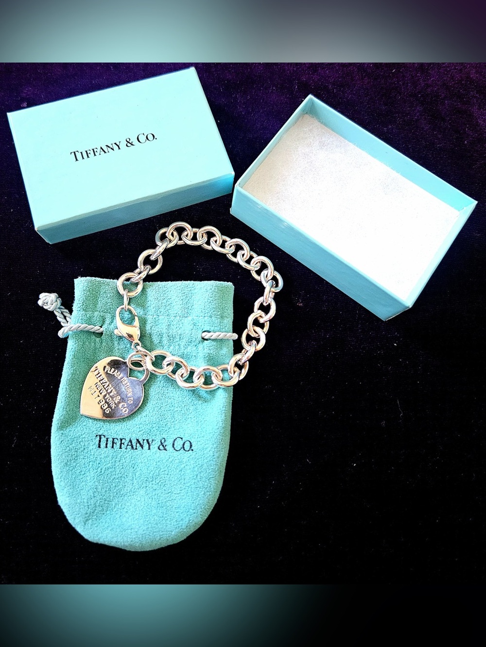 Tiffany & Co. Sterling Silver Heart Tag Link Bracelet with Blue Pouch